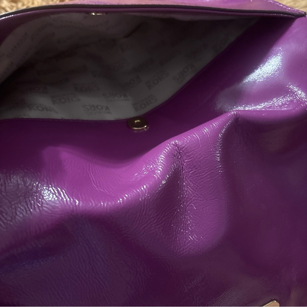 Michael Kors Purple Leather Fold-Over Wristlet Clutch with Metal Corner Accents - Picture 10 of 15